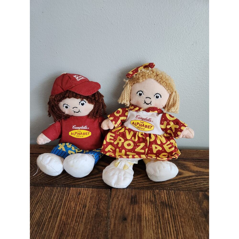 Vtg Campbells The Alphabet Soup Plush Boy & Girl Dolls 7"T 2001 EUC